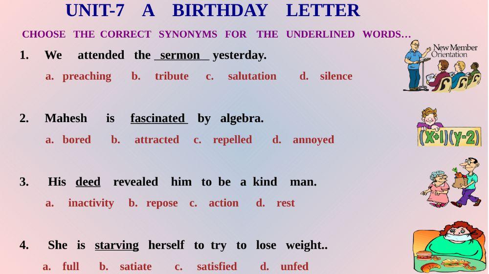 A birthday letter-Synonyms... worksheet